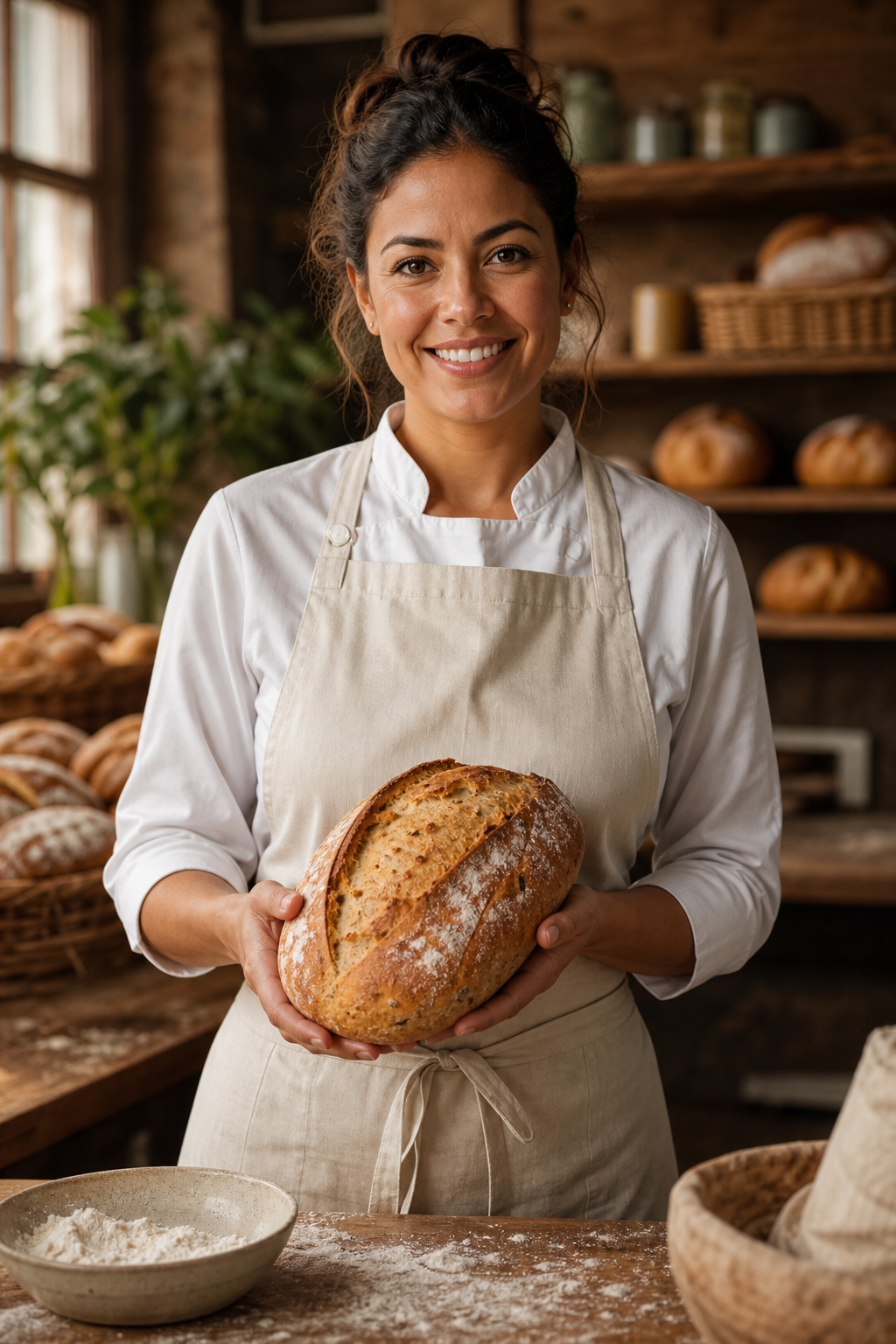Chef de panificação segurando um pão artesanal sem glúten